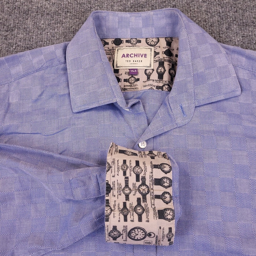 Ted Baker Archive Dress Shirt Mens 15.5‎ Purple Tonal Check Cotton Flip Cuff